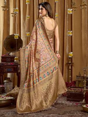 Women's cream banarasi digital cluster print saree with blouse 5