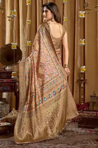 Women's cream banarasi digital cluster print saree with blouse