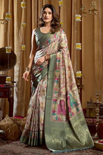 Women's sea green banarasi digital cluster print saree with blouse