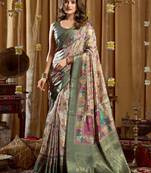 Women's sea green banarasi digital cluster print saree with blouse