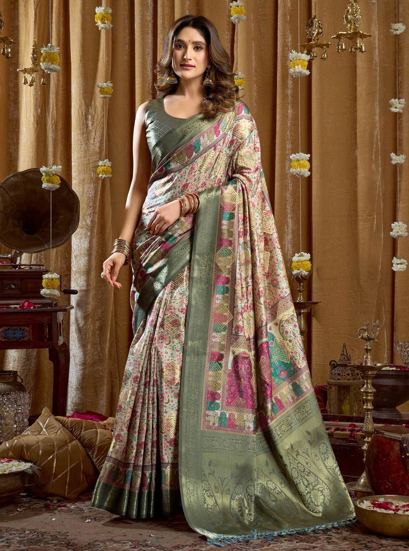 Women's sea green banarasi digital cluster print saree with blouse