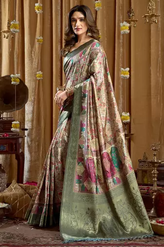 Women's sea green banarasi digital cluster print saree with blouse