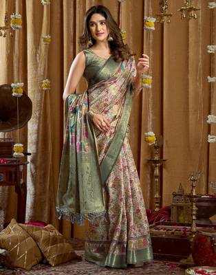 Women's sea green banarasi digital cluster print saree with blouse 3