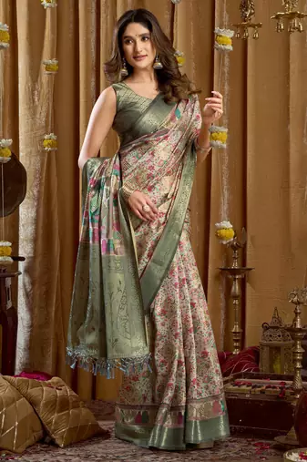 Women's sea green banarasi digital cluster print saree with blouse