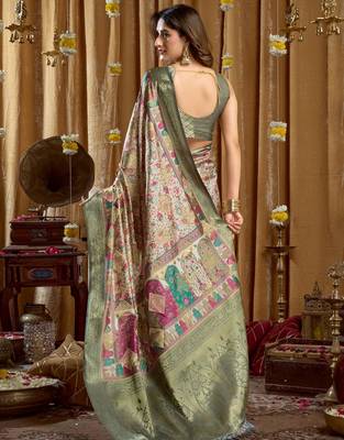 Women's sea green banarasi digital cluster print saree with blouse 5