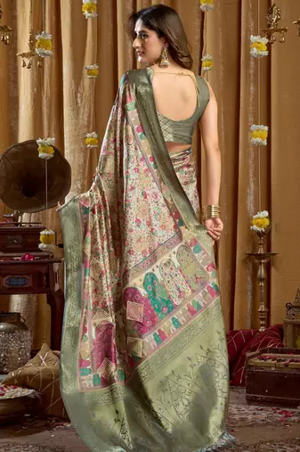 Women's sea green banarasi digital cluster print saree with blouse
