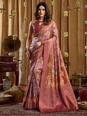 Women's pink banarasi digital cluster print saree with blouse 1