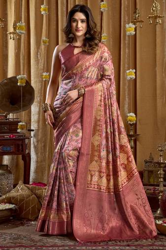 Women's pink banarasi digital cluster print saree with blouse