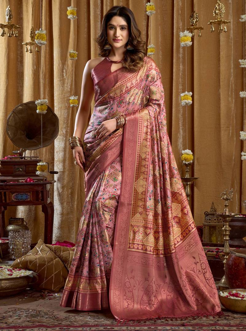 Women's pink banarasi digital cluster print saree with blouse