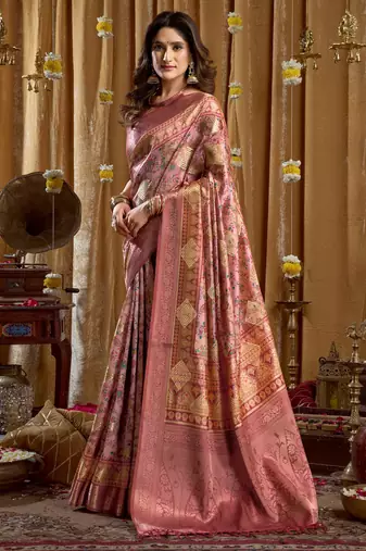 Women's pink banarasi digital cluster print saree with blouse