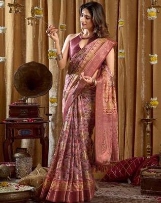 Women's pink banarasi digital cluster print saree with blouse 3