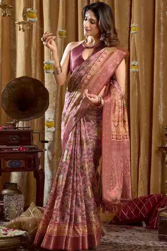 Women's pink banarasi digital cluster print saree with blouse