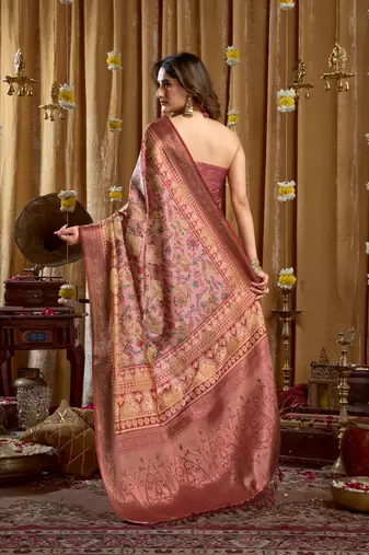 Women's pink banarasi digital cluster print saree with blouse