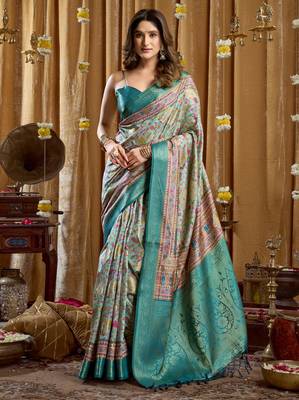 Women's turquoise banarasi digital cluster print saree with blouse 1