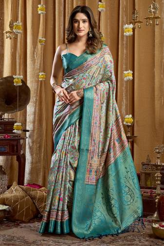 Women's turquoise banarasi digital cluster print saree with blouse