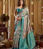 Women's turquoise banarasi digital cluster print saree with blouse