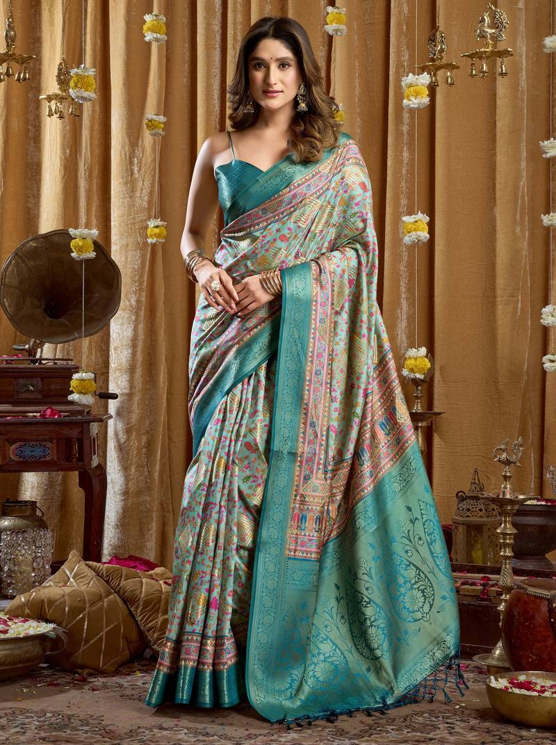 Women's turquoise banarasi digital cluster print saree with blouse
