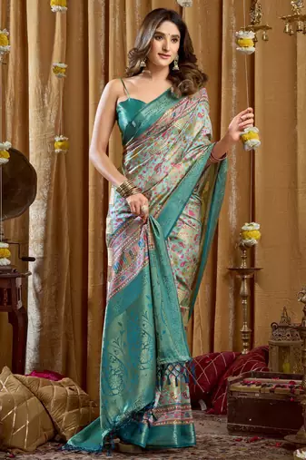 Women's turquoise banarasi digital cluster print saree with blouse