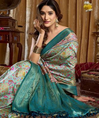 Women's turquoise banarasi digital cluster print saree with blouse 3