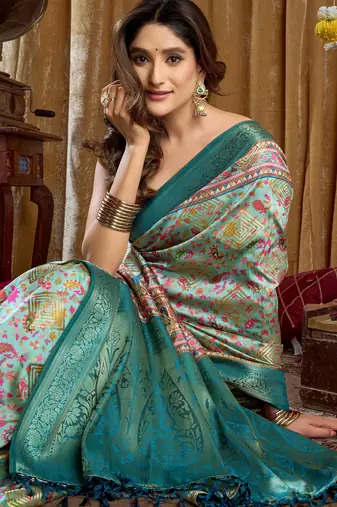Women's turquoise banarasi digital cluster print saree with blouse