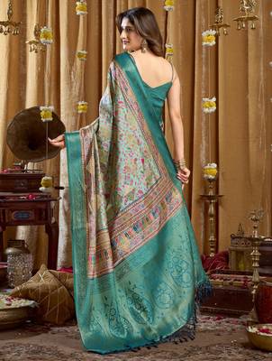 Women's turquoise banarasi digital cluster print saree with blouse 5