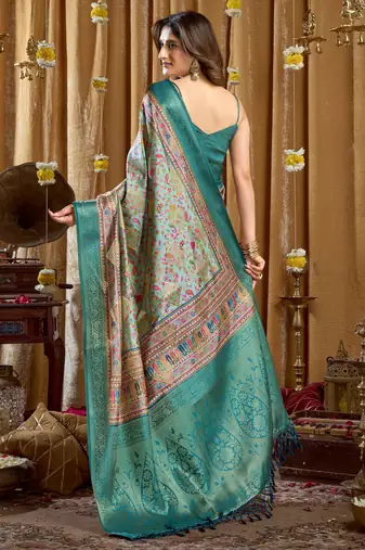Women's turquoise banarasi digital cluster print saree with blouse