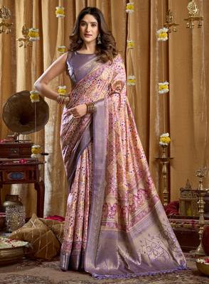Women's purple banarasi digital cluster print saree with blouse 1