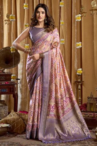 Women's purple banarasi digital cluster print saree with blouse