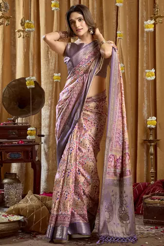 Women's purple banarasi digital cluster print saree with blouse