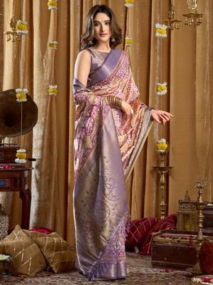Women's purple banarasi digital cluster print saree with blouse 3