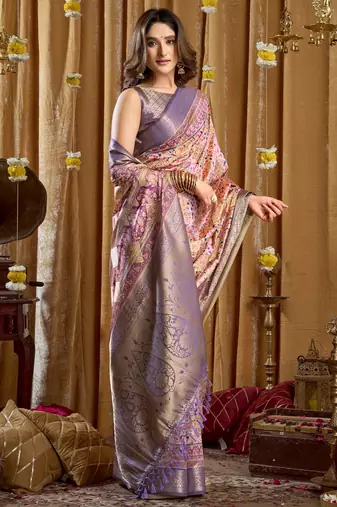 Women's purple banarasi digital cluster print saree with blouse