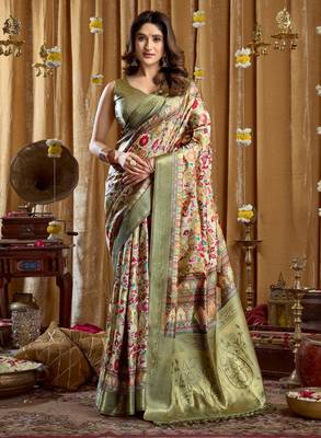 Women's green banarasi digital cluster print saree with blouse 1