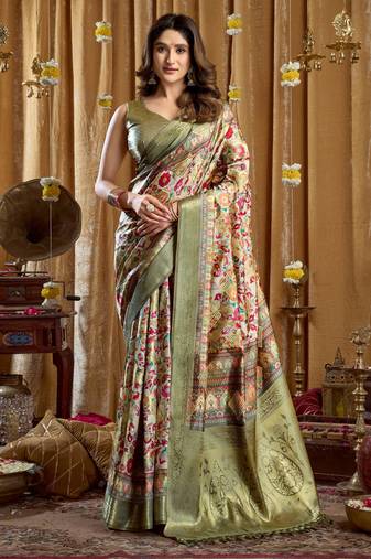 Women's green banarasi digital cluster print saree with blouse