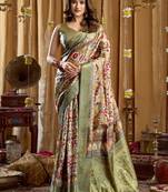 Women's green banarasi digital cluster print saree with blouse