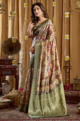Women's green banarasi digital cluster print saree with blouse