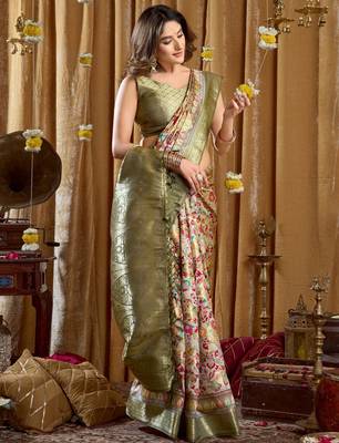 Women's green banarasi digital cluster print saree with blouse 3
