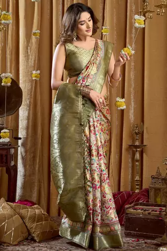 Women's green banarasi digital cluster print saree with blouse