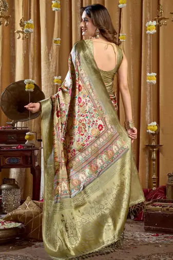 Women's green banarasi digital cluster print saree with blouse