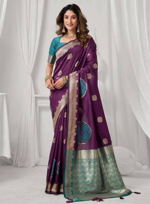 Women's wine soft silk zari woven saree with blouse 1