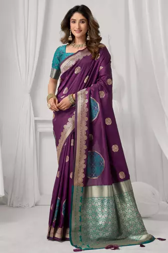 Women's wine soft silk zari woven saree with blouse