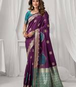 Women's wine soft silk zari woven saree with blouse