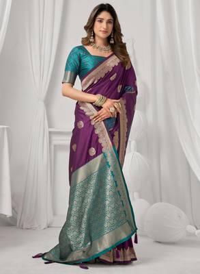 Women's wine soft silk zari woven saree with blouse 2