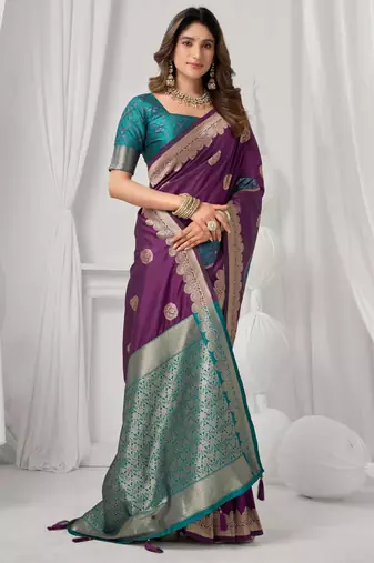 Women's wine soft silk zari woven saree with blouse