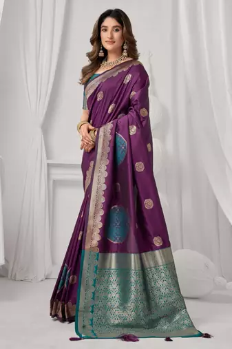 Women's wine soft silk zari woven saree with blouse