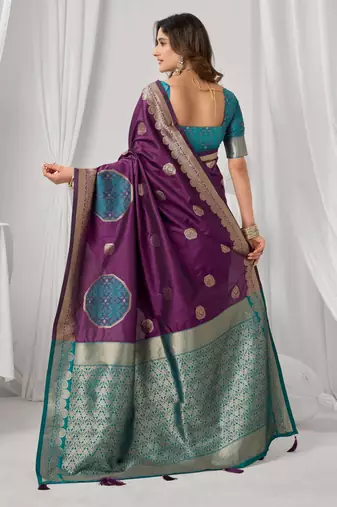 Women's wine soft silk zari woven saree with blouse