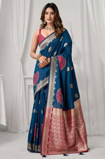 Women's blue soft silk zari woven saree with blouse