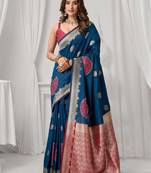 Women's blue soft silk zari woven saree with blouse