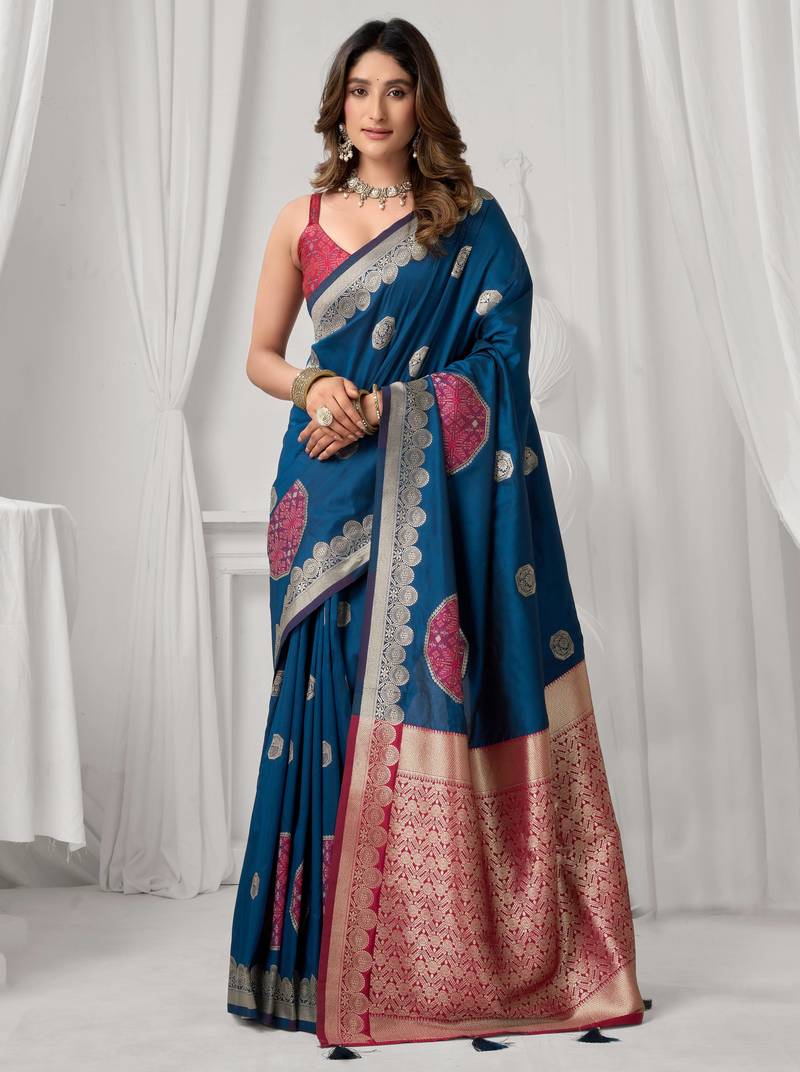 Women's blue soft silk zari woven saree with blouse