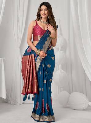 Women's blue soft silk zari woven saree with blouse 2