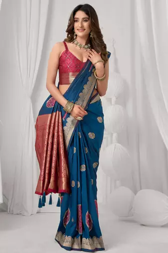Women's blue soft silk zari woven saree with blouse